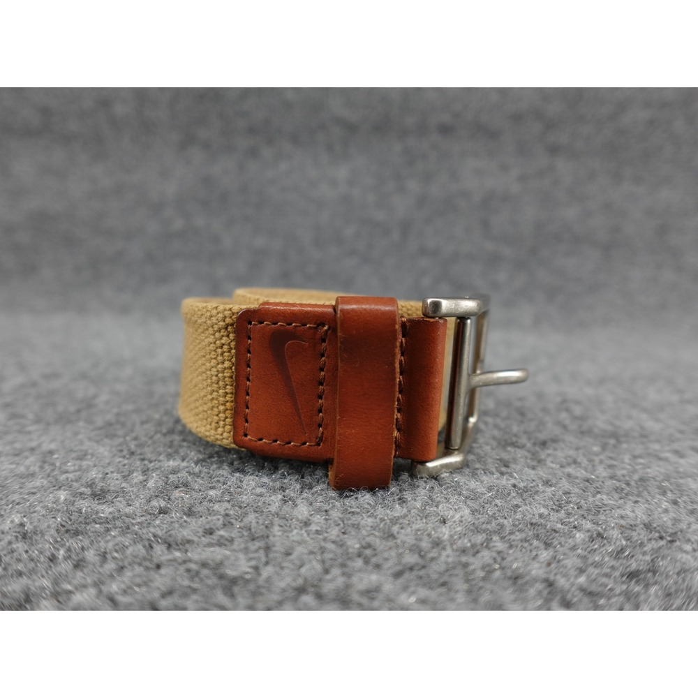 Nike Golf Web Belt Mens 38 Tan Good Leather Trim Canvas Swoosh Logo Athletic
